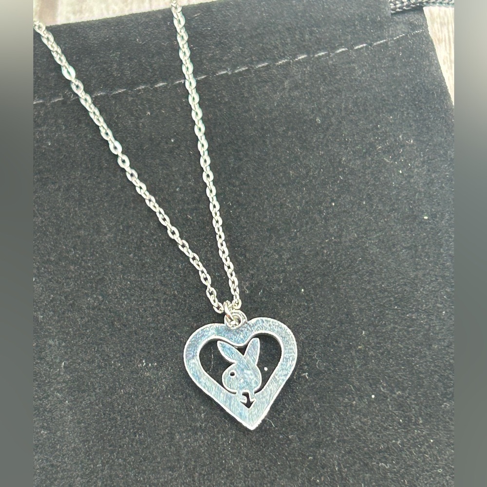 NEW PLAYBOY Cutout Heart Playboy Bunny Pendant Necklace Silver Y2K - Picture 11 of 13